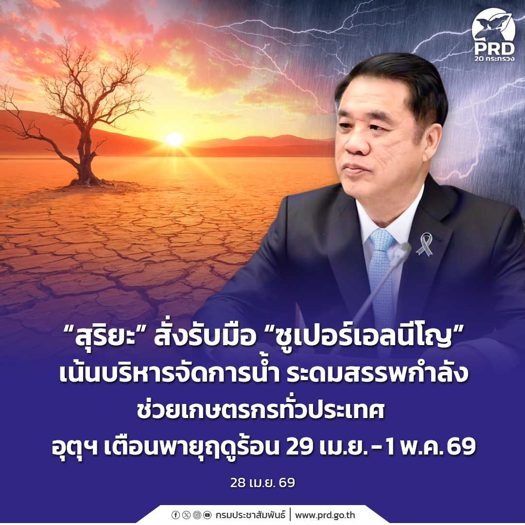 &ldquo;สุริยะ&rdquo; สั่งรับมือ &ldquo;ซูเปอร์เอลนีโญ&rdquo; กรมชลฯ-ฝนหลวง ระดมสรรพกำลังช่วยเกษตรกรทั่วประเทศ อุตุฯ เตือนพายุฤดูร้อน 29 เม.ย. - 1 พ.ค.
