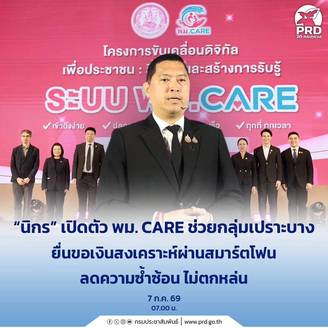 &ldquo;นิกร&rdquo; เปิดตัว พม. CARE ช่วยกลุ่มเปราะบาง ยื่นขอเงินสงเคราะห์ผ่านสมาร์ตโฟน ลดความซ้ำซ้อน ไม่ตกหล่น