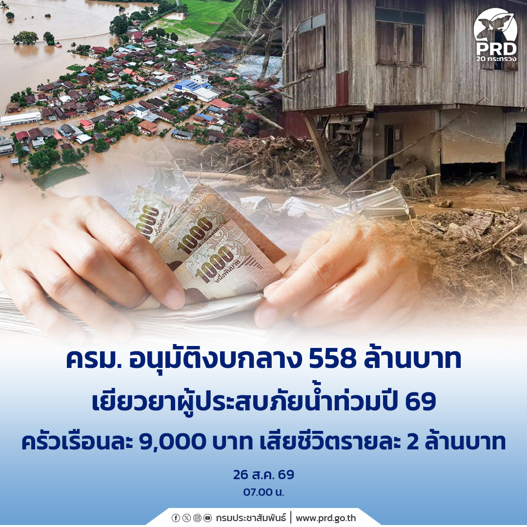 ครม. อนุมัติงบกลาง 558 ล้าน เยียวยาผู้ประสบภัยน้ำท่วมปี 69 ครัวเรือนละ 9,000 บาท เสียชีวิตรายละ 2 ล้าน