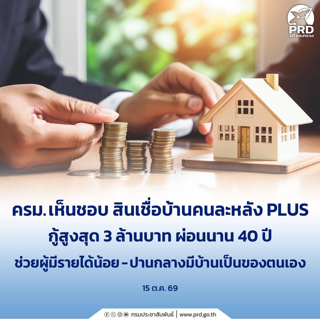 ครม. เห็นชอบ สินเชื่อบ้านคนละหลัง PLUS กู้สูงสุด 3 ล้านบาท ผ่อนนาน 40 ปี ช่วยผู้มีรายได้น้อย-ปานกลางมีบ้านเป็นของตนเอง